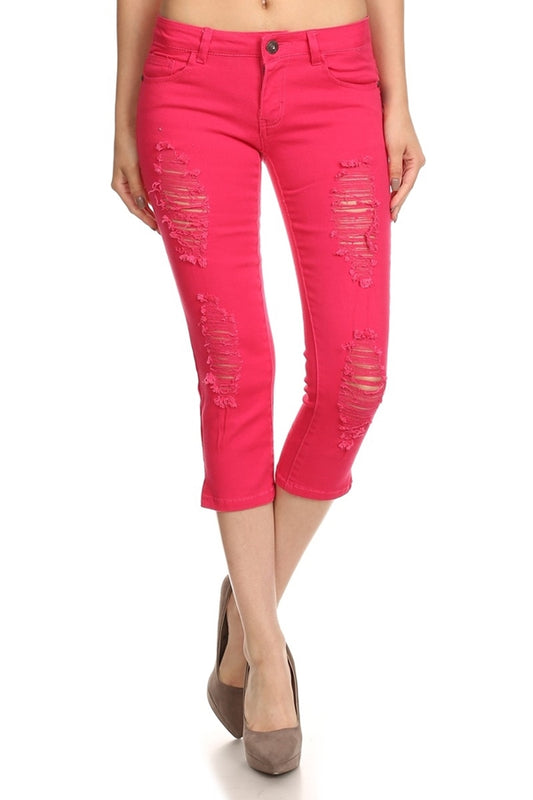 Distressed Capri Pants COC48D-Fushia