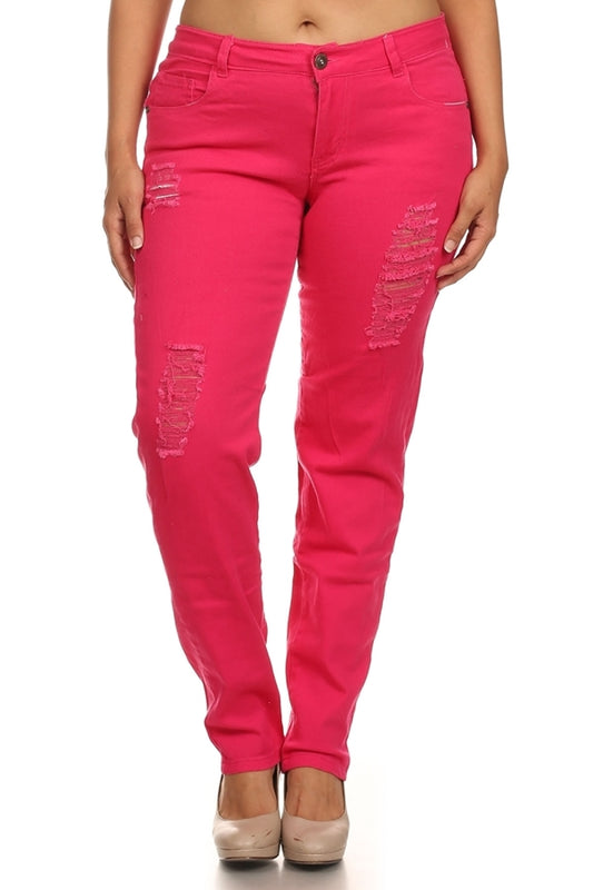 Plus Size Distress Pants COPB-D-Fuschia