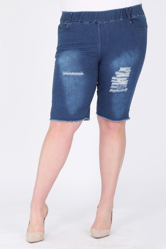 Plus Size Pull-on Super Stretch distressed Bermuda shorts DBB-2008