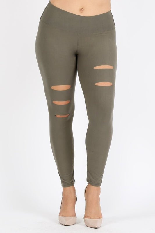 Plus Size Ripped High Waist Legging Pants DL-400-OLIVE