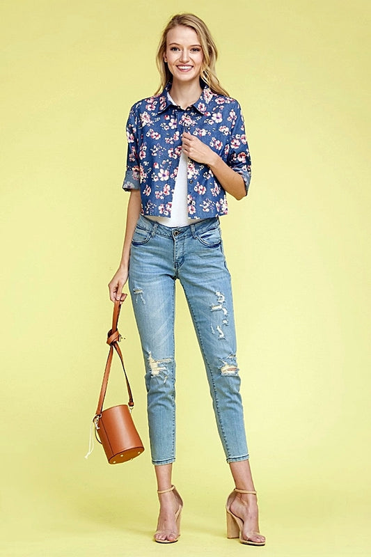 Denim Button Down Floral Crop Top Top DN-165R-DARK NAVY-3