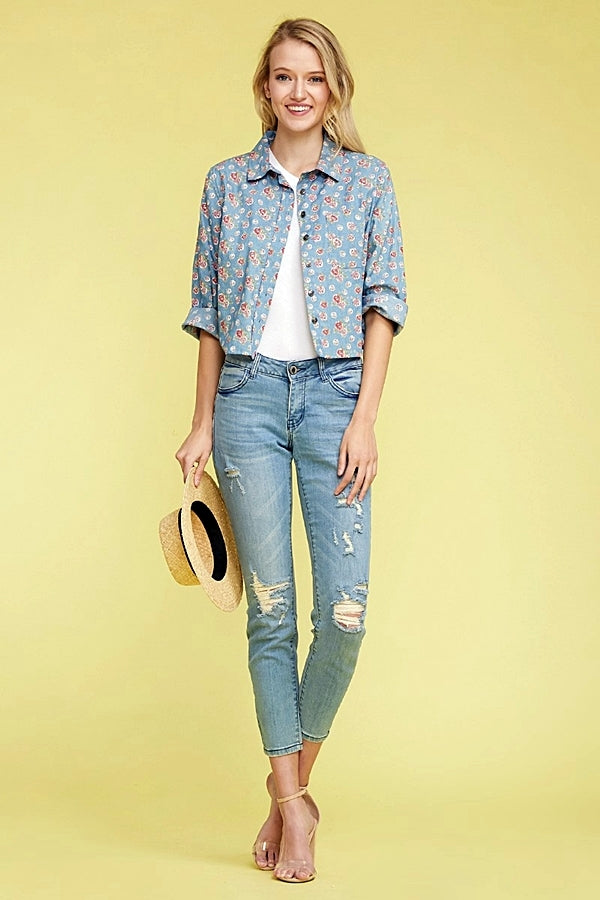 Denim Button Down Floral Crop Top Top DN-165R-DENIM BLUE-1