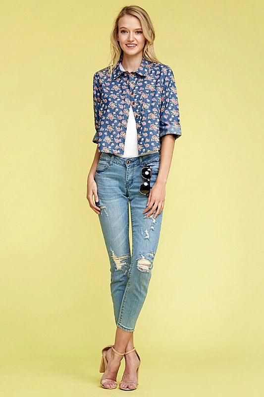 Denim Button Down Floral Crop Top Top DN-165R-NAVY-2