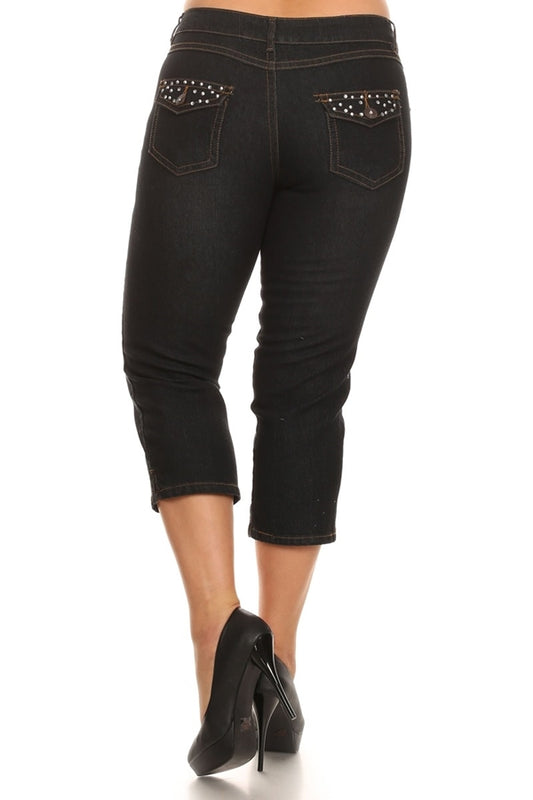 Wholesale Plus Size Denim Capri ECB-117D-Black
