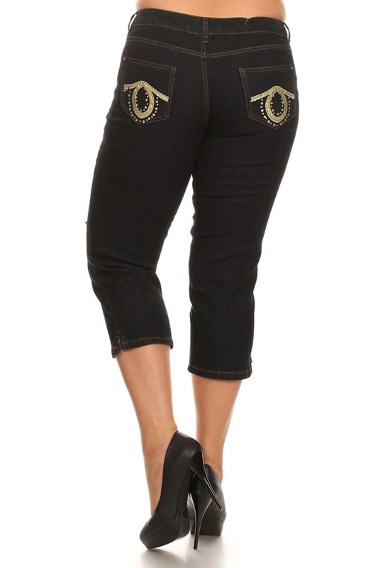 Wholesale Plus Size Denim Capri Pants ECB-118D-Black