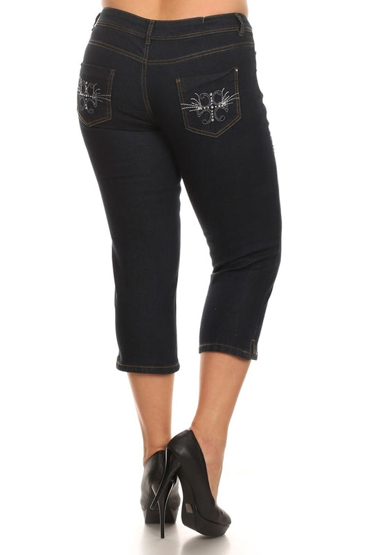Wholesale Plus Size Denim Capri Pants ECB-120D-Navy