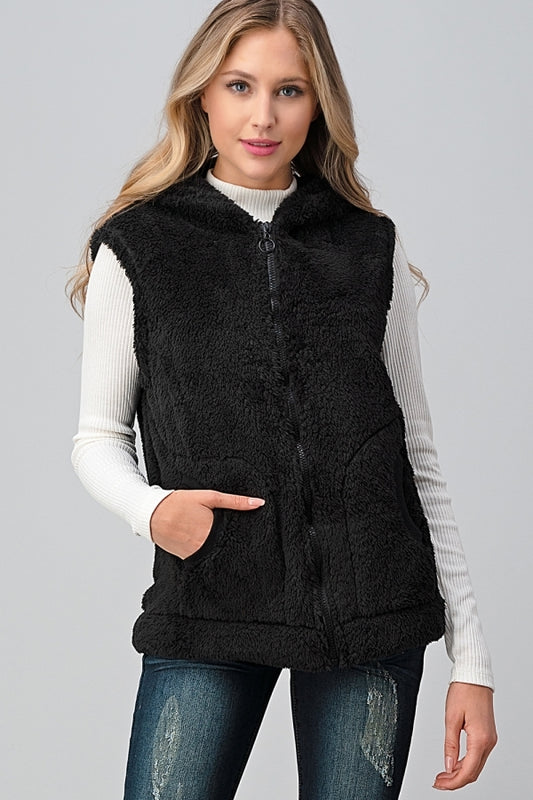 Faux Fur Teddy Bear Zip Up Hoodie vest FUR-104-Black