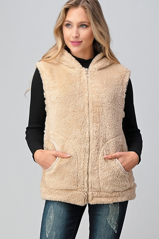 Faux Fur Teddy Bear Zip Up Hoodie vest FUR-104-Cream