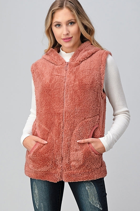 Faux Fur Teddy Bear Zip Up Hoodie vest FUR-104-Mauve