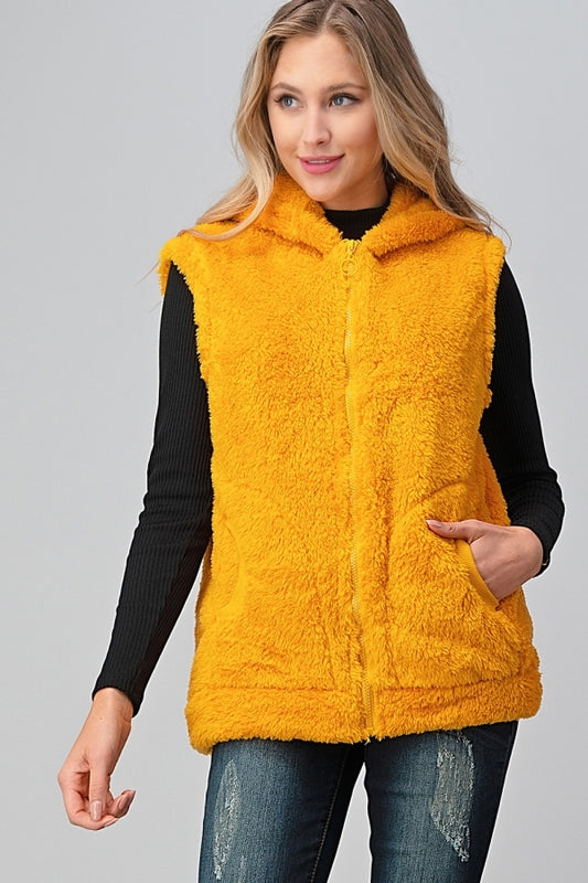 Faux Fur Teddy Bear Zip Up Hoodie vest FUR-104-Mustard