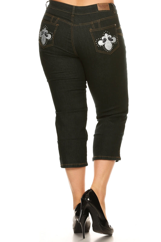 Wholesale Plus Size Denim Capri Pants GCB-208-BLK