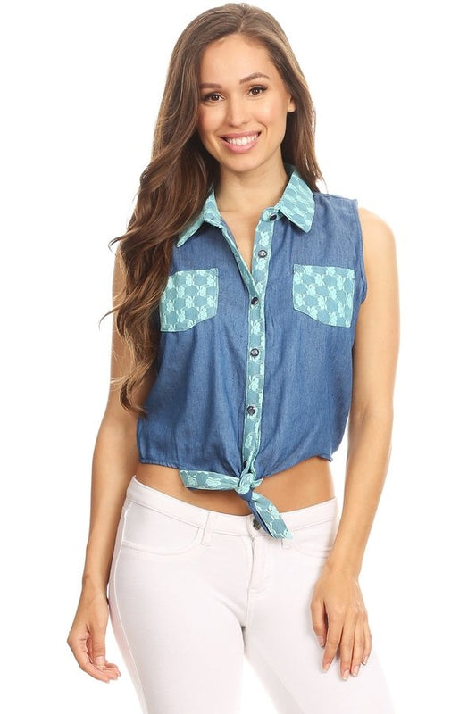 Solid Denim Sleeveless Button Down Crop Top HM-123A-BLUE-MINT