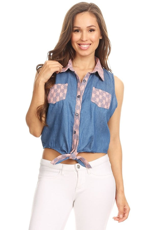 Solid Denim Sleeveless Button Down Crop Top HM-123A-BLUE-PINK