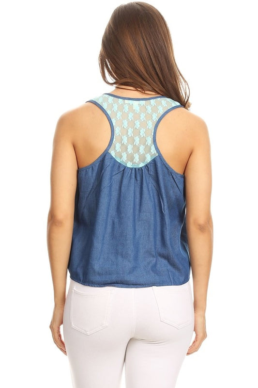 Women Lace-back Chambray denim top HM-136-1-Blue-Mint
