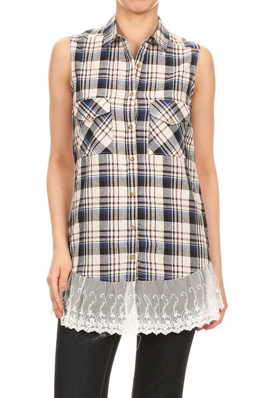 Plaid Front Pocket Laced-Hem Top HT-237-Navy