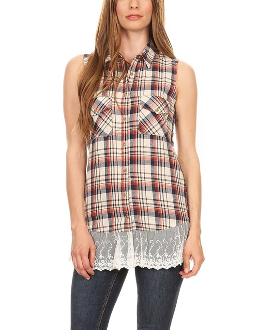 Plaid Front Pocket Laced-Hem Top HT-237-Orange