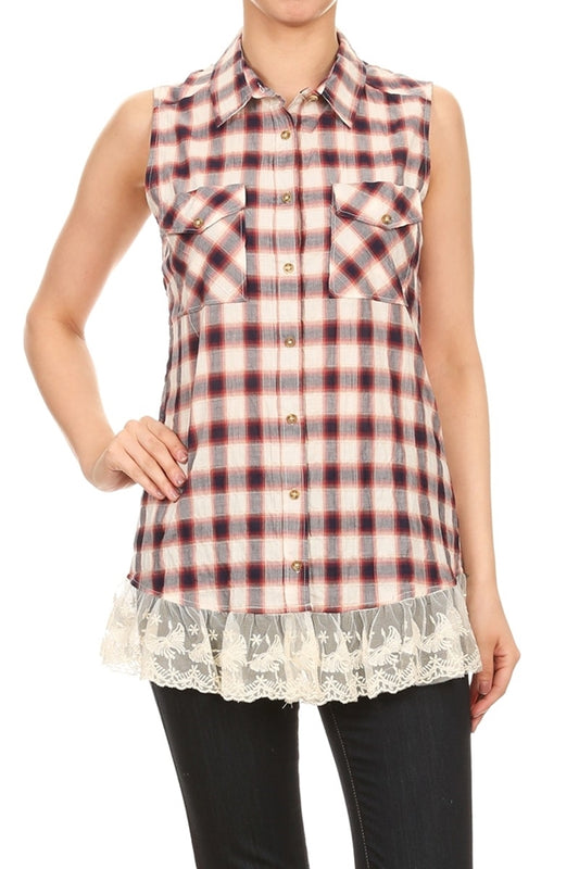 Plaid Front Pocket Laced-Hem Top HT-238-Navy-Red
