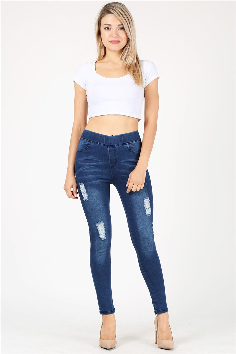 High Waist Distressed Stretch Denim Jeggings JVE1006-MED-BL