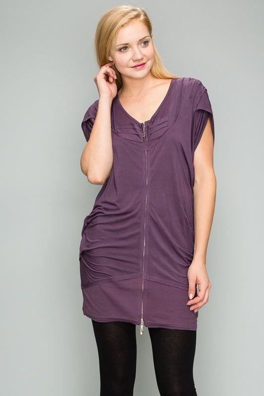 Knit Zipper Front Tunic Dress M6777-Purple