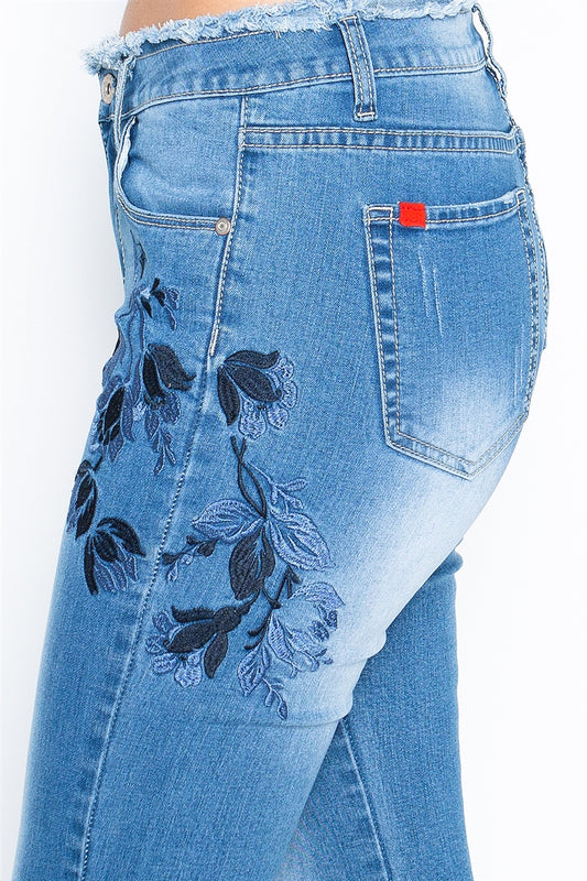 Frayed waist-Embroidered Raw hem denim JEANS P8009