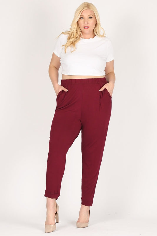 High Waist Plus size relaxed fit pants 87001X-Burgundy