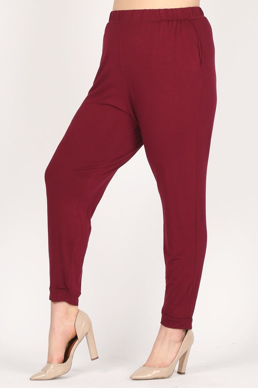 High Waist Plus size relaxed fit pants 87001X-Burgundy