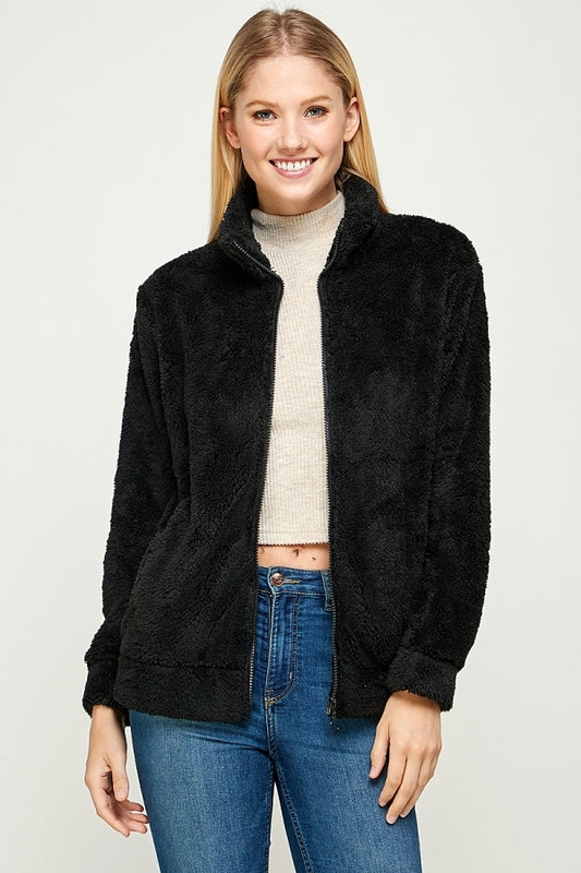 Faux Fur Teddy Bear Zip Up Jacket PJJ-002-Black