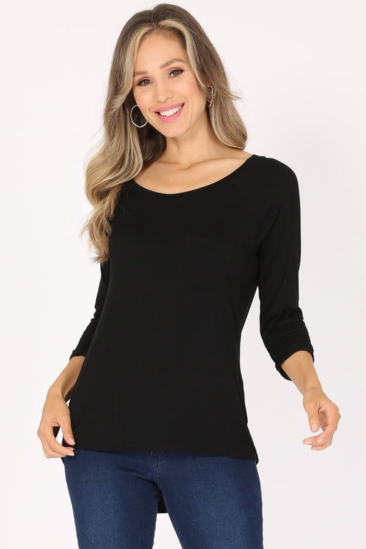 Long-Sleeve Chest Pocket Hi Low Top PRR-8404-Black