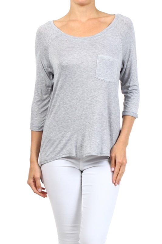 Long Sleeve Chest Pocket Hi Low Top PRR-8404-Grey