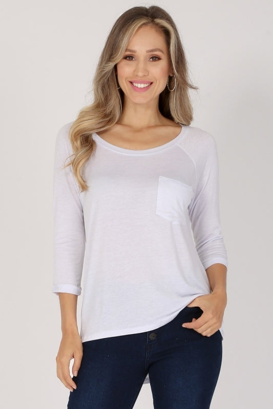 Long Sleeve Chest Pocket Hi Low Top PRR-8404-White