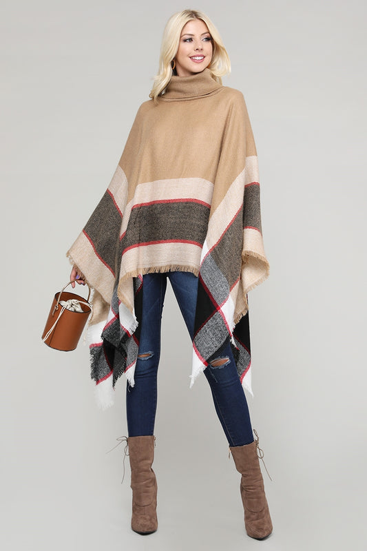 Women Pull over color-blocked poncho SHA-3151-Beige