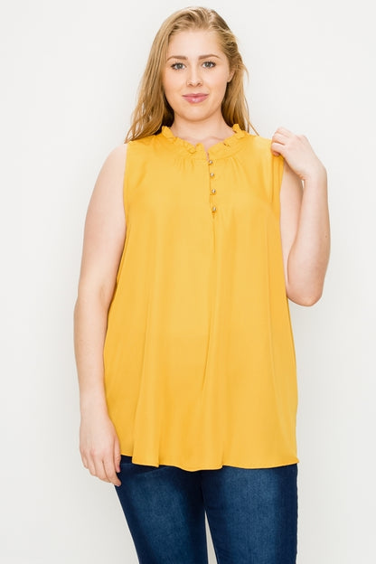 Elegant sleeveless top with ruffle neckline and buttons