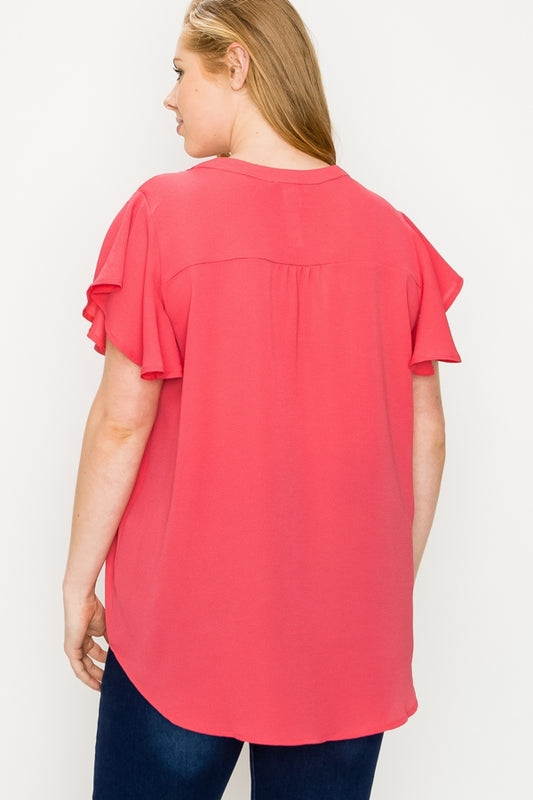 Curvy Flutter Sleeve Top with Tie Neck – Plus Size Relaxed Fit Blouse