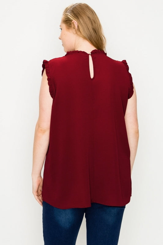 Flowy Sleeveless Plus Size Blouse with Smocked Yoke & Ruffle Detail