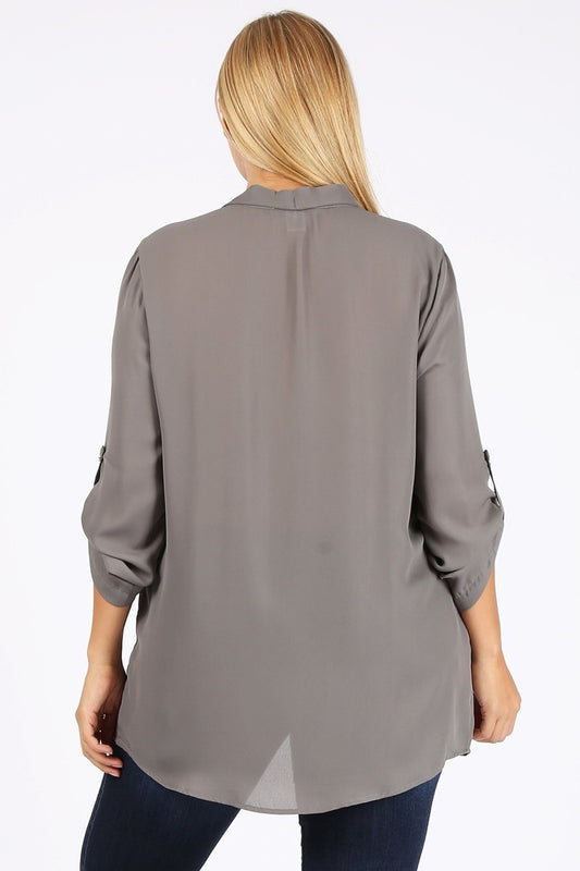 Elegant Plus Size Wool Dobby Blouse – Women's Roll-Tab Sleeve Tunic Style