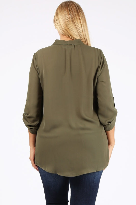 Comfortable Women's Plus Size Wool Dobby Top – Lightweight Roll-Tab Sleeve Casual Wear