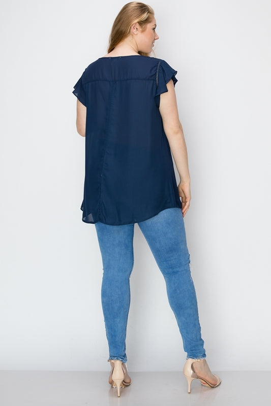 Elegant Plus Size Wool Dobby Blouse – Women's Short Sleeve Tunic Style