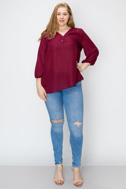 Wool Dobby Henley Plus Top WT817X-Burgundy