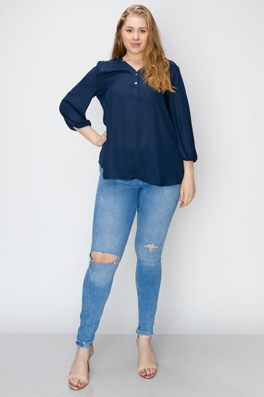 Wool Dobby Henley Plus Top WT817X-Navy