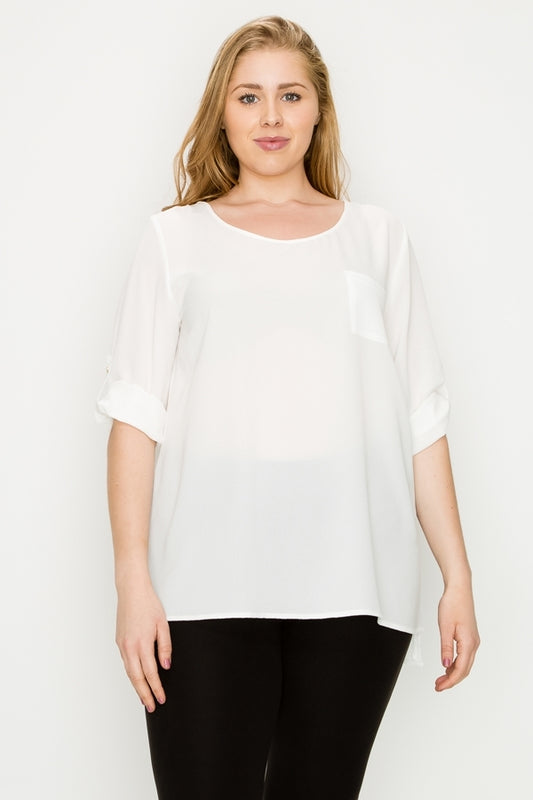 Plus size Koshibo roll-tabs Sleeves Top WT818X-Ivory