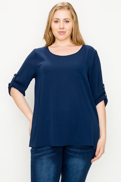 Plus Size Koshibo Blouse Top – Women's Roll-Tab Sleeves, Comfortable Everyday Wear