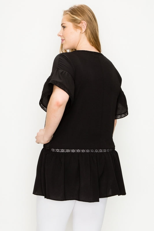 Casual Plus Size Koshibo Crochet Ruffle Blouse – Women's Short Sleeve Top