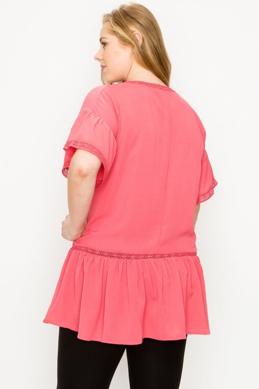 Elegant Women's Plus Size Koshibo Top – Crochet Detail with Short Sleeves